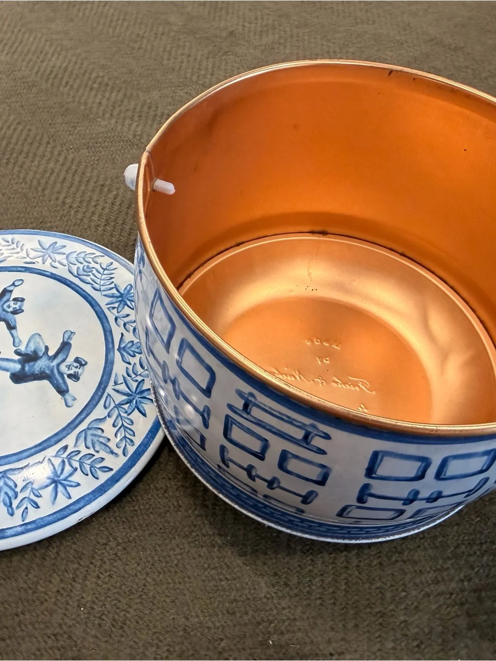 Vintage Blue and White Fricke & Nacke Chinoiserie Tin with Lid and Handle